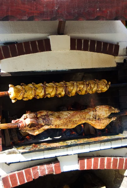Pig and chicken on a spit — Stock Photo, Image