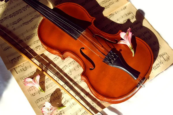 Old violin, fiddle-stick and music sheet — Stock Photo, Image
