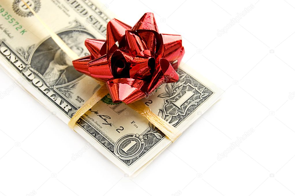One dollar banknote tied by red ribbon
