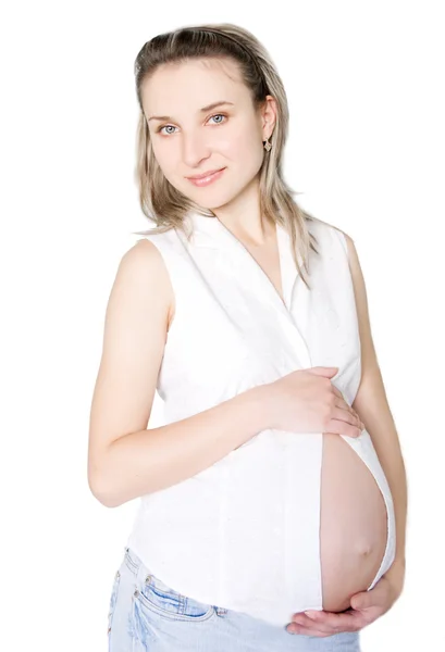Bardzo ciąży kobieta z różową wstążką — Zdjęcie stockowe