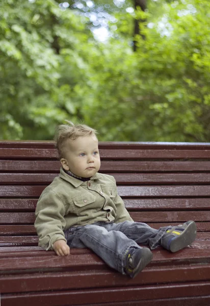 stock image Little boy on the bench