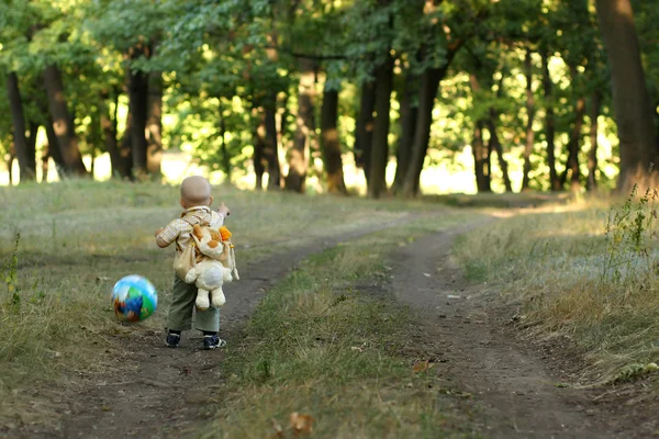 Niño caminando a lo largo de un camino forestal —  Fotos de Stock