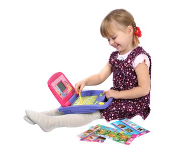 Girl and child learn computer clipart