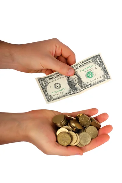 stock image Hand holding a dollar and coins