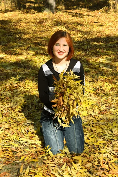 Girl with an armful of yellow leaves — Stock Photo, Image