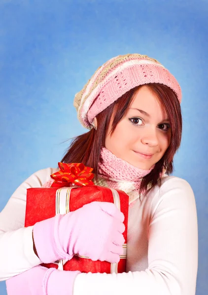 Winter girl with present — Stock Photo, Image