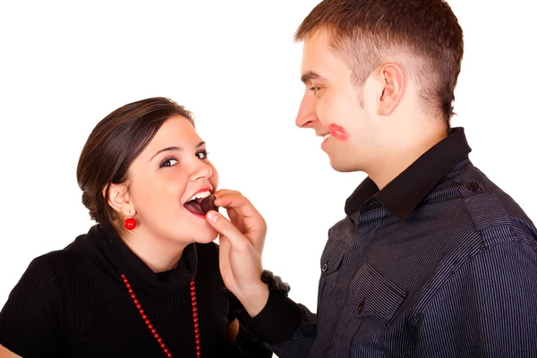 Valentine feeding with chocolate — Stock Photo, Image