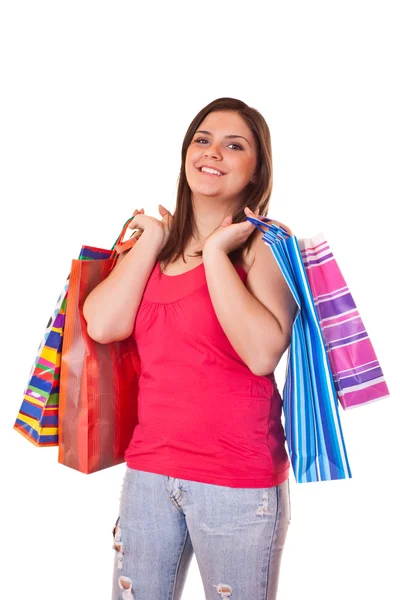 Ευτυχισμένη γυναίκα με τσάντες για ψώνια. — Φωτογραφία Αρχείου