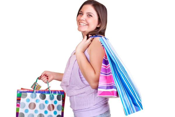 Ευτυχισμένο κορίτσι με τσάντες για ψώνια — Φωτογραφία Αρχείου