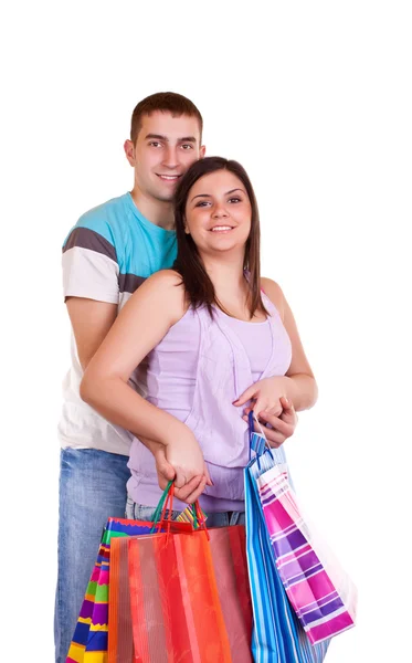 Szczęśliwa para z torbami na zakupy — Zdjęcie stockowe