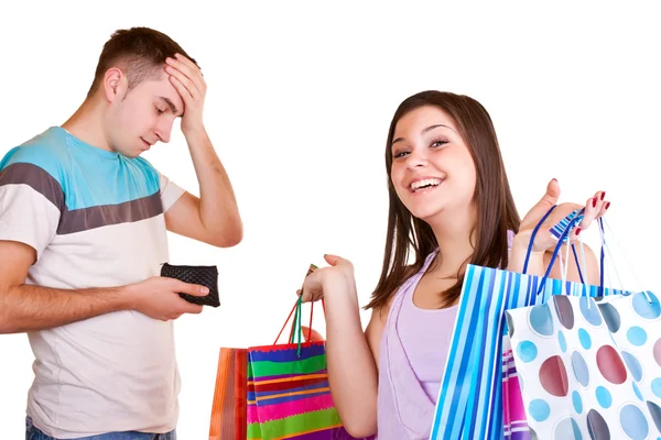 Man with wallet and girl with bags — Stock Photo, Image