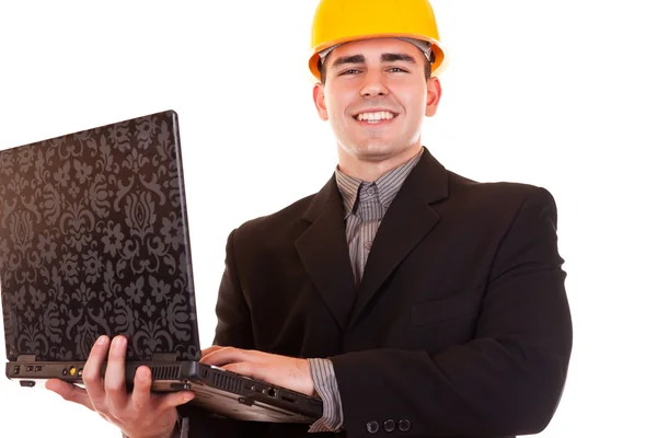 Empresário com capacete e laptop — Fotografia de Stock