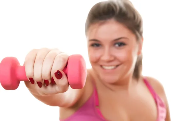 Chica joven sosteniendo el peso para el ejercicio — Foto de Stock