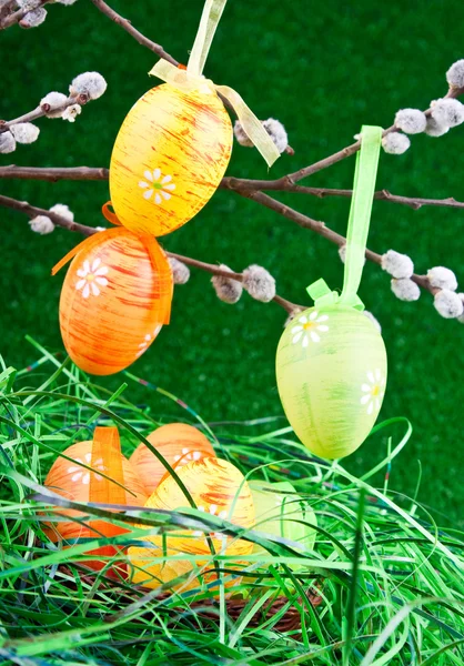 Ninho com ovos de páscoa coloridos — Fotografia de Stock