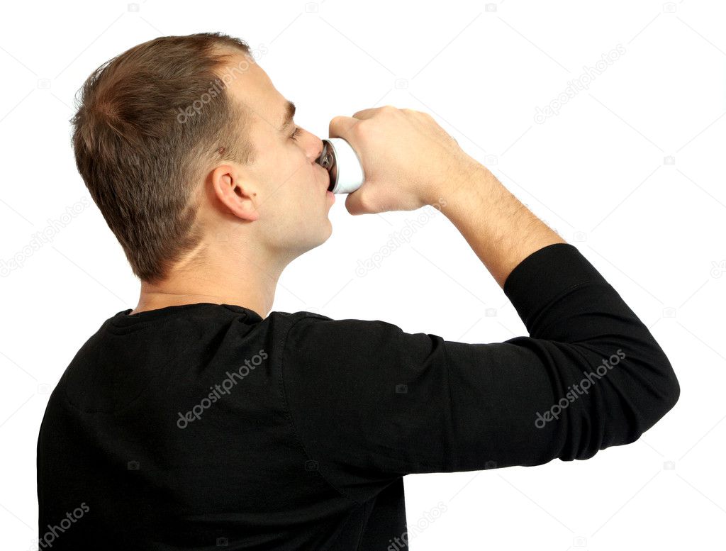 Man in black drink a water