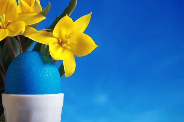 Huevo azul de Pascua y tulipanes amarillos — Foto de Stock