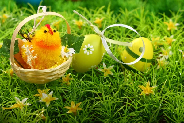 Pintainho amarelo e ovos de Páscoa — Fotografia de Stock