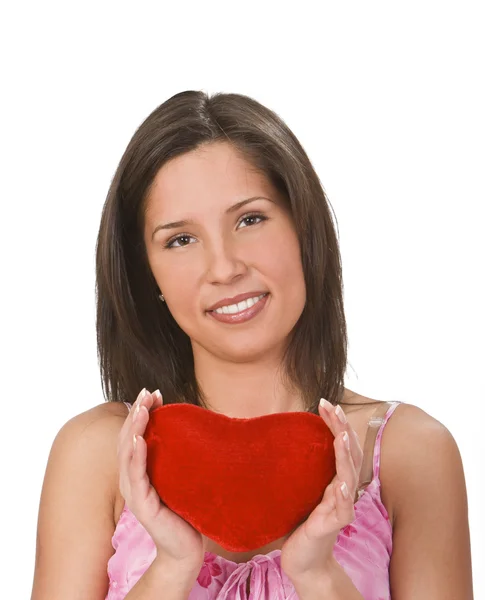 Woman with a red heart — Stock Photo, Image