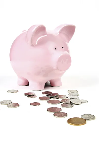 Roze spaarpot met munten — Stockfoto