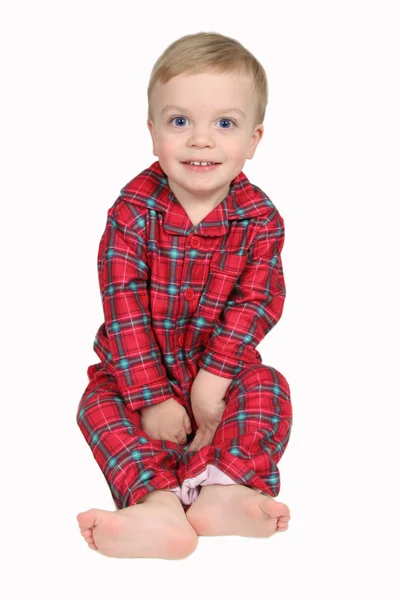 Мальчик в рождественской рубашке и брюках - полный вид — стоковое фото