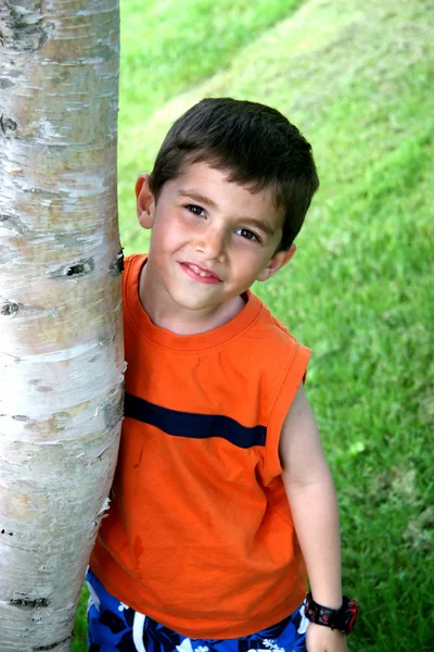 Мальчик околачивается вокруг Дерева — стоковое фото