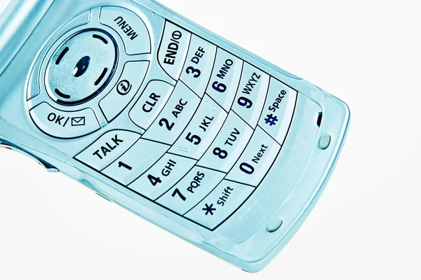 Blå mobiltelefon tas närbild — Stockfoto