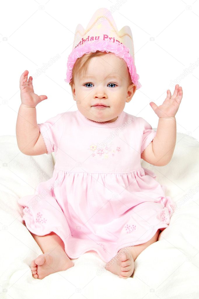 Baby Girl With Birthday Hat and hand on Air