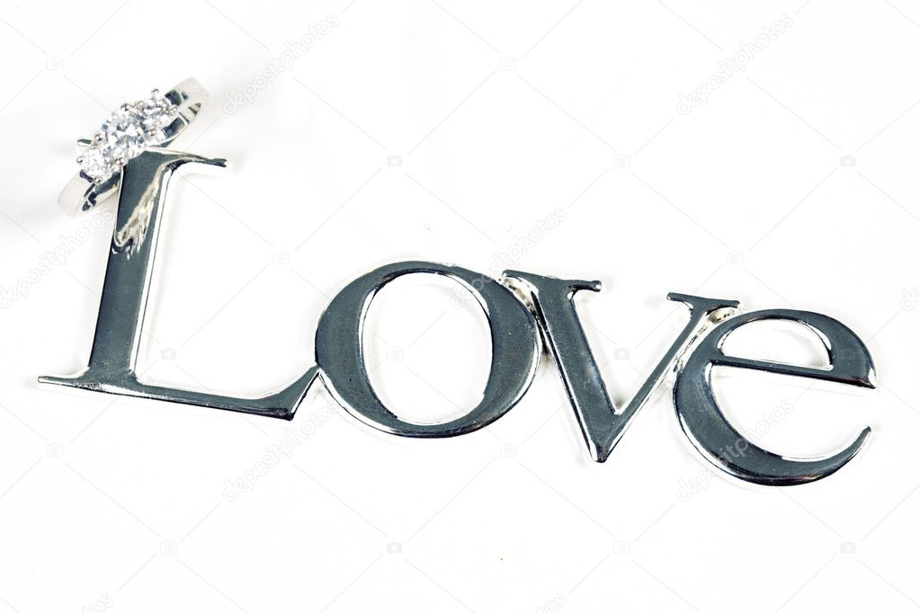 Word LOVE in silver metal with ring