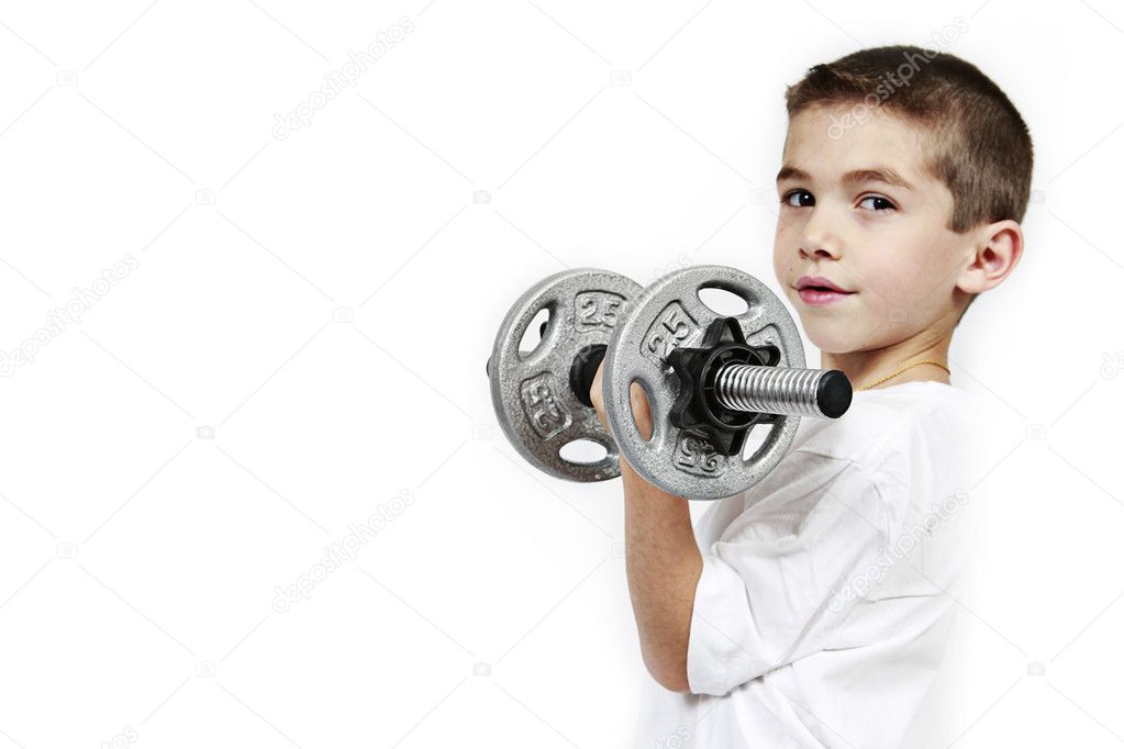 Healthy lifestyle child exercising dumbbell weig