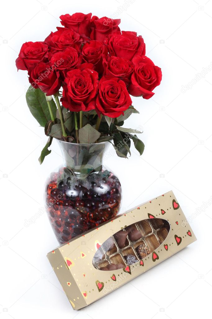 Red Roses in vase with Chocolates