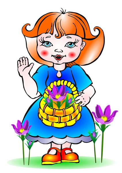 La fille heureuse recueillant des fleurs de printemps — Image vectorielle
