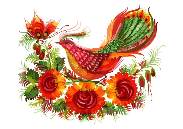 Oiseau et papillon sur les fleurs — Image vectorielle