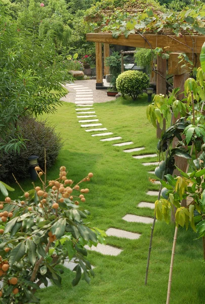 Una passerella di pietra si snoda attraverso un tranquillo giardino — Foto Stock