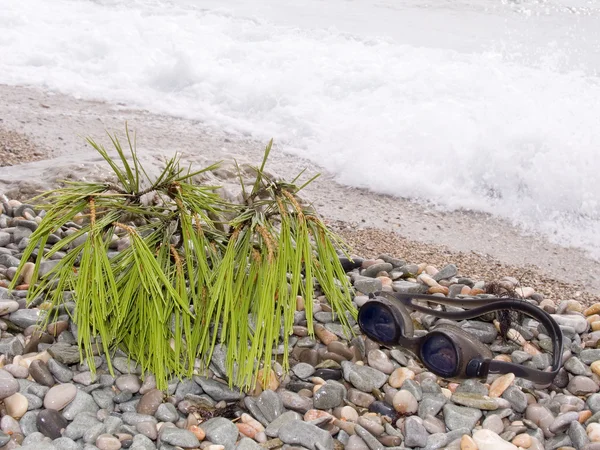 Окуляри плавця на морському пляжі — стокове фото