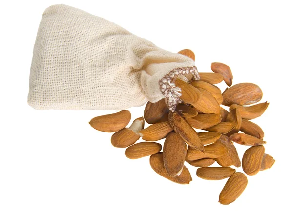 Bag with almond nuts isolated on white — Stock Photo, Image
