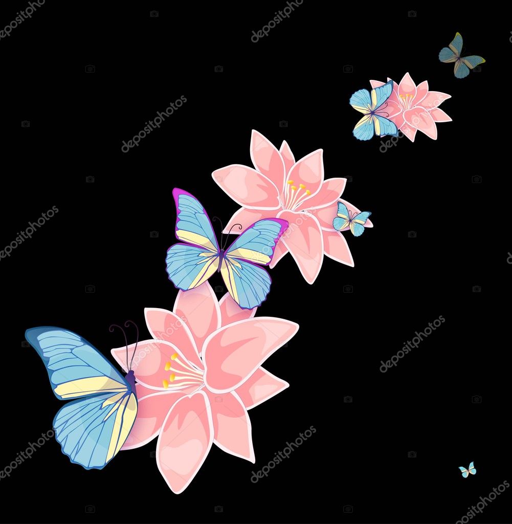 Illustration of the pattern, presenting blue colour butterfly flower rose insulated on black