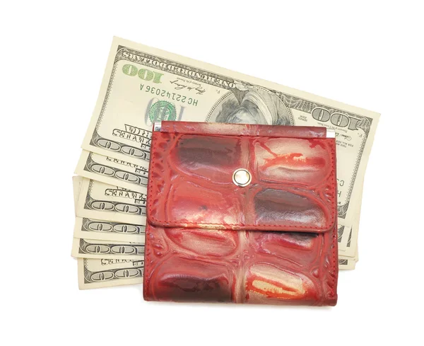 Dólares de notas em couro bolsa vermelha — Fotografia de Stock