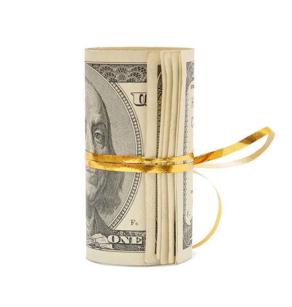 Roll of dollars wrapped in gold stripe — Stock Photo, Image