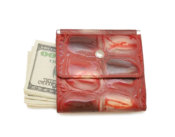 Geldscheine Dollar in lederner roter Handtasche — Stockfoto
