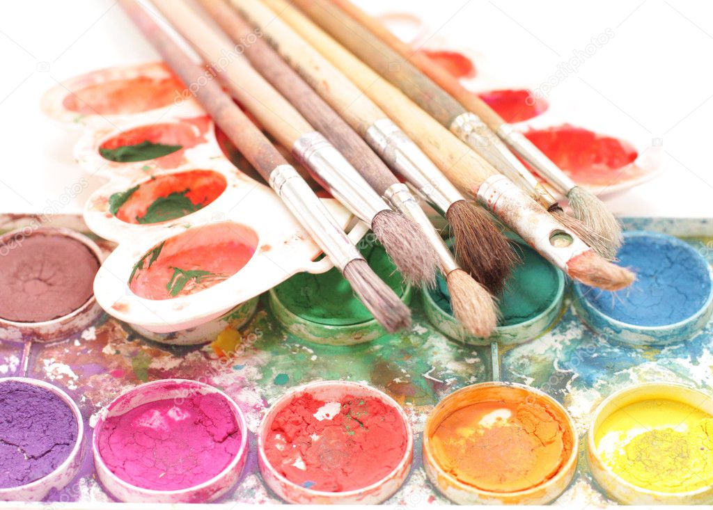 Brushes, paints and palette