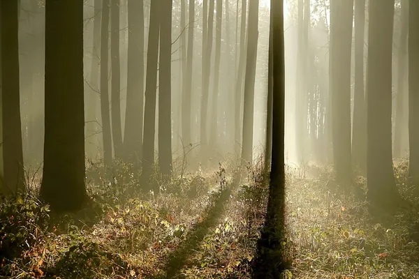 Magiska skogen bakgrundsbelyst av den uppgående solen — Stockfoto