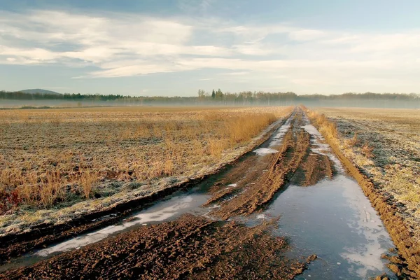 Frozen dirt road in the morning — Stock Photo, Image