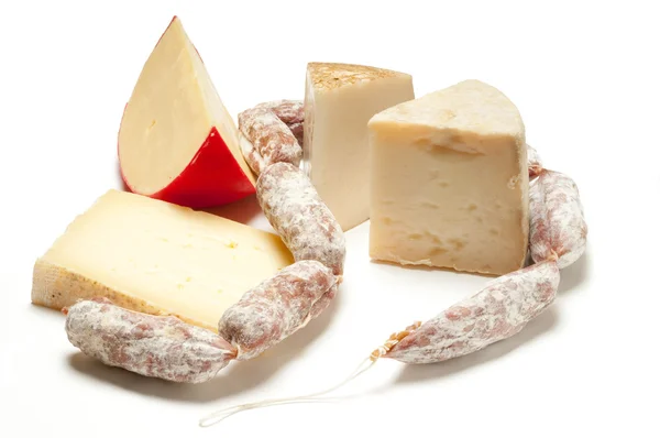 Selection of cheese and salami — Stock Photo, Image