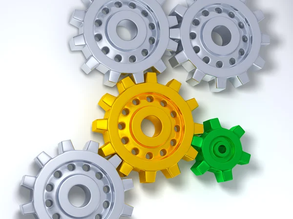 Silver, gold and green gears — Stock Photo, Image