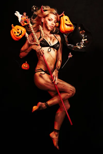 Beautiful devil with trident, Halloween — Stok fotoğraf