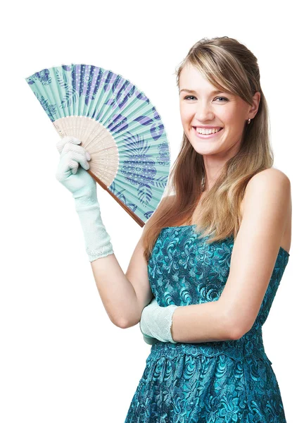 Genç kızla mutlu: fan, beyaz — Stok fotoğraf