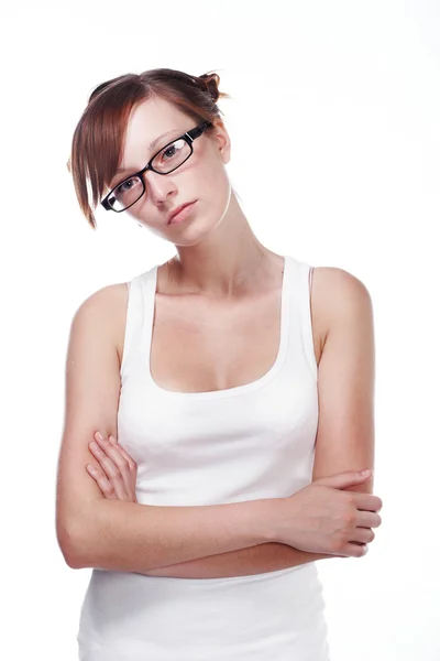 Estudante muito feminino usando óculos — Fotografia de Stock