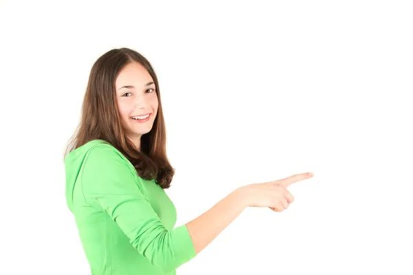 Joven adolescente apuntando con el dedo —  Fotos de Stock
