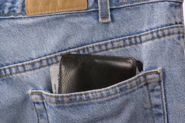 Zbliżenie denim Jeans niebieski z portfela — Zdjęcie stockowe