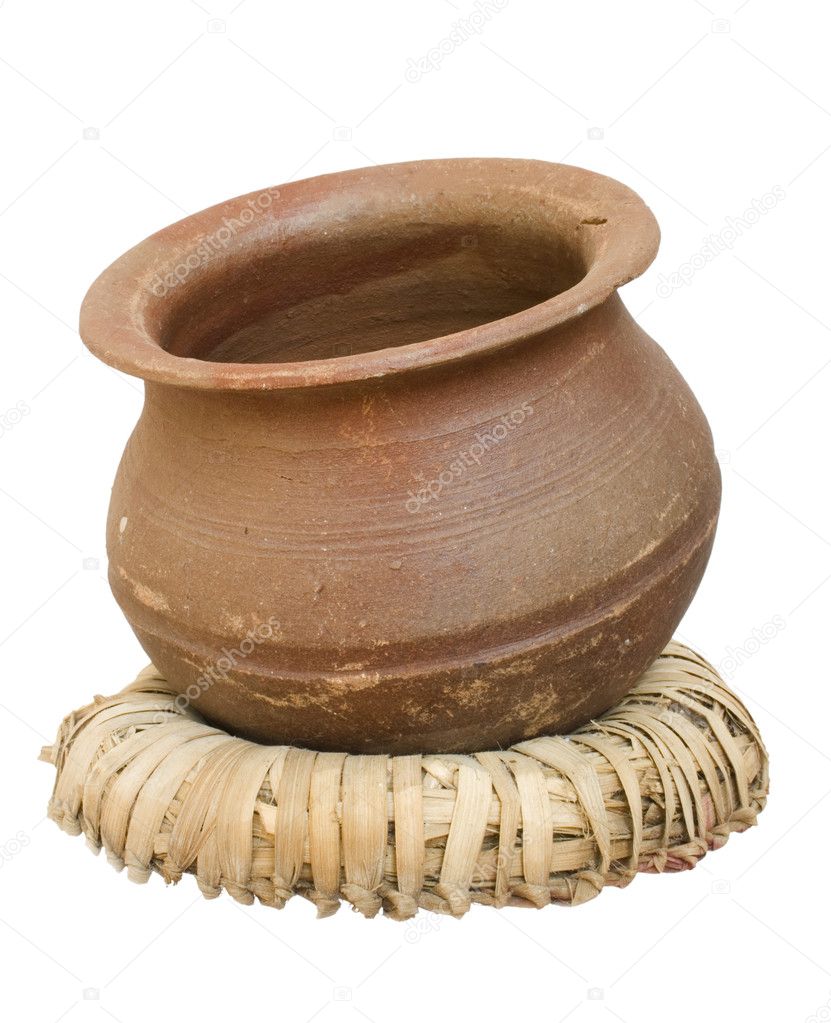 Handmade clay pot on a wicker stand